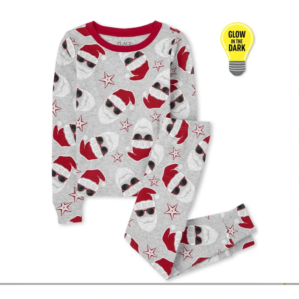 NWT Children's Place Kids Grey W/Cool Santa Glow Graphic Cotton Pajamas